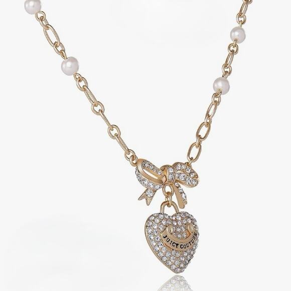 NIB JUICY COUTURE Gold Rhinestone Heart Bow Pearl Pendant Necklace 18”+2” GIFT - Picture 7 of 15